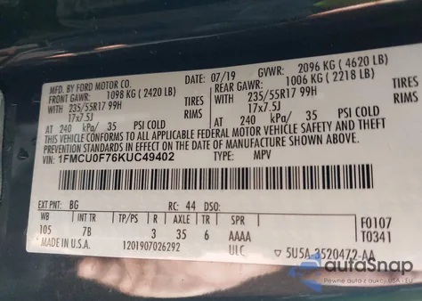 2019 Ford Escape S z USA, uszkodzony, nr VIN 1FMCU0F76KUC49402